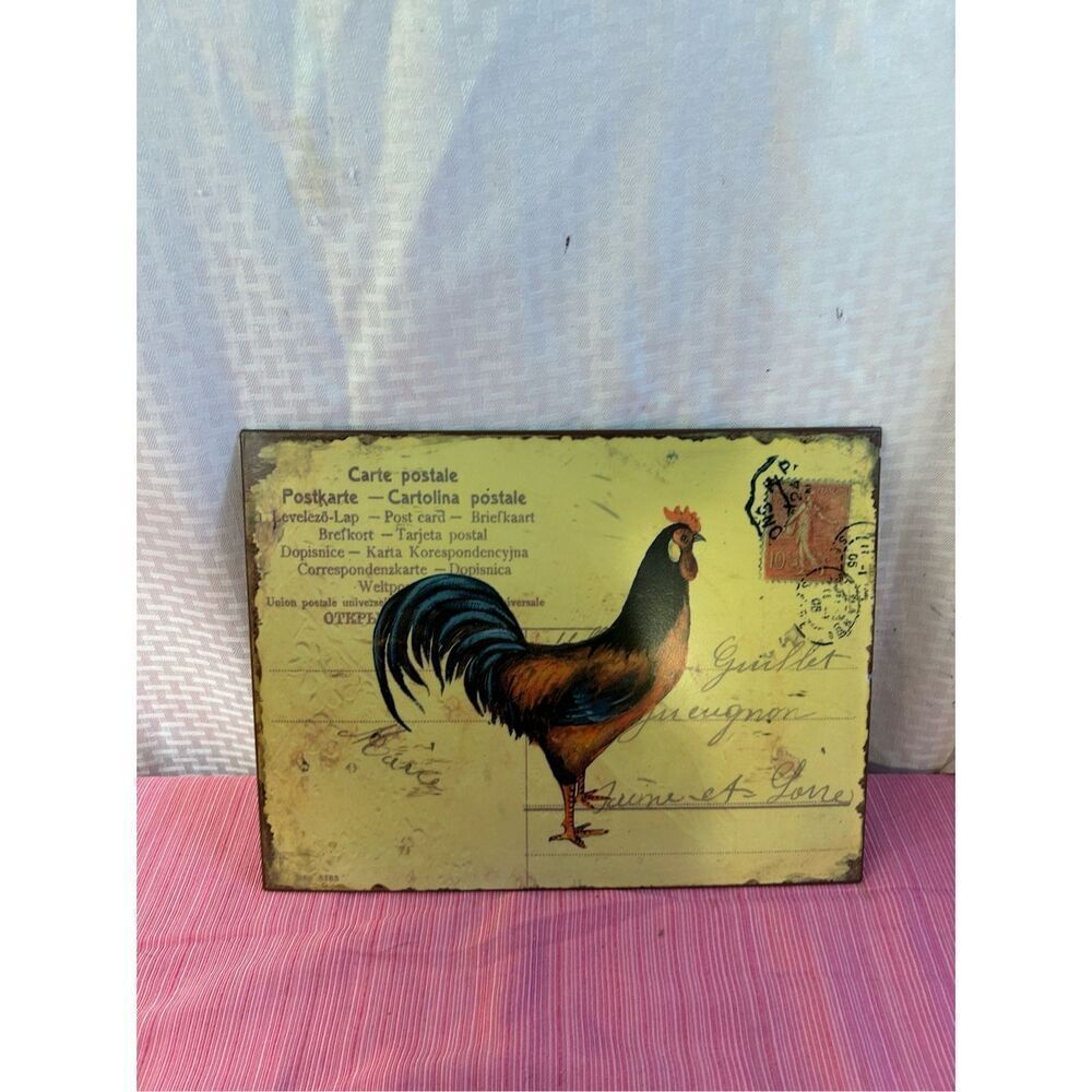 Metal wall hanging rooster farm house style postage plaque 14"x10.5"‎